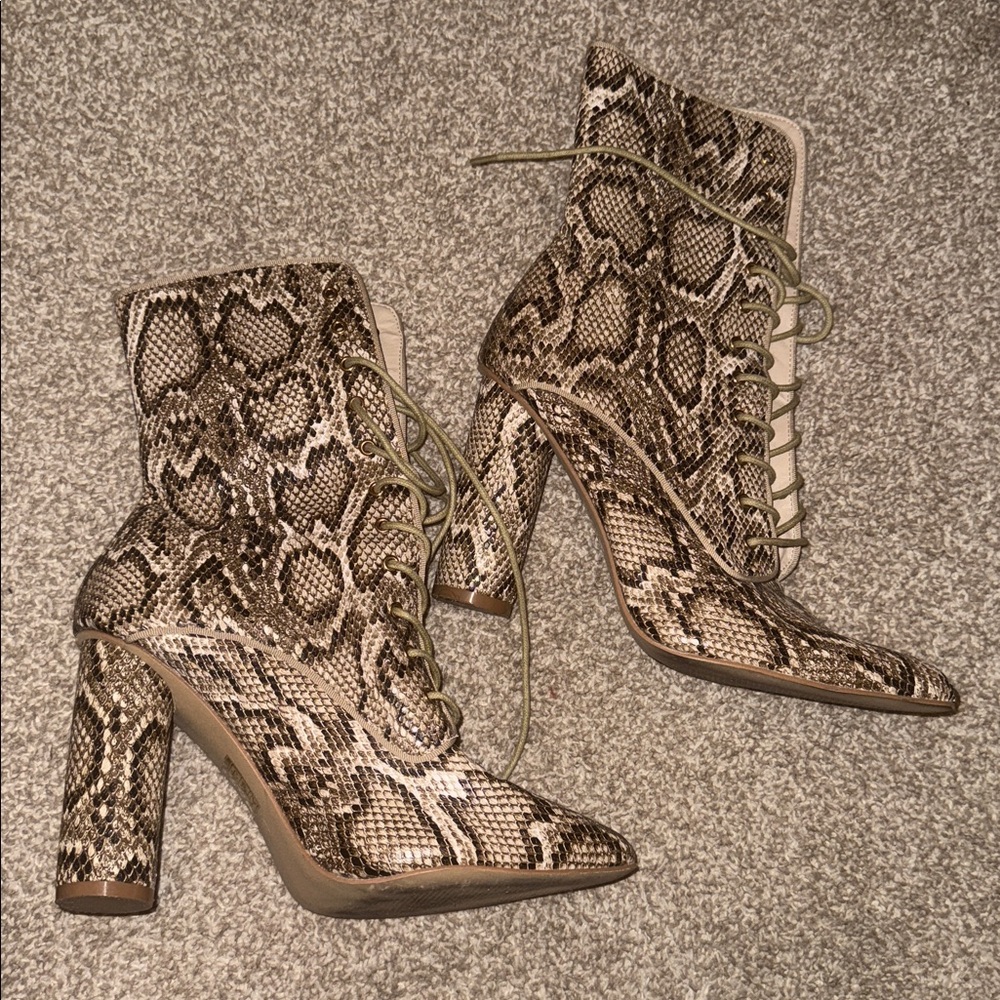 Fashion Nova Snake Print Heeled Boots